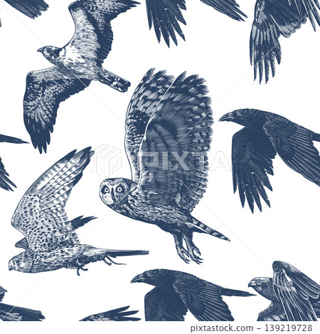 Birds of prey flying Hand drawn seamless pattern. Engraving woodcut style illustration with owls and Birds of prey flying Hand drawn seamless pattern. Engraving woodcut style illustration with owls and 139219728