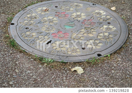 The manhole covers at Akebonoyama Agricultural Park are decorated with flowers. 139219828