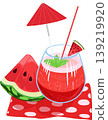 Bright summer illustration of a watermelon cocktail in a glass with straw, umbrella, and mint leaves. Fresh drink with a watermelon slice on a napkin. Perfect for menu design, drink advertising, summe 139219920