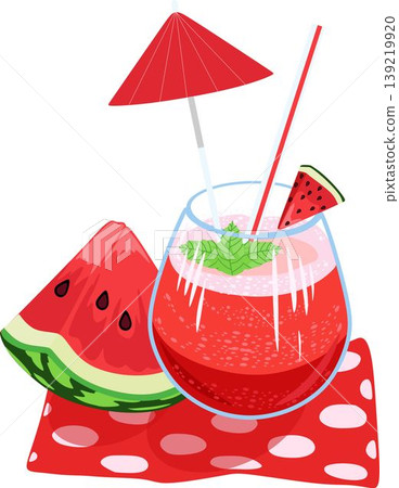Bright summer illustration of a watermelon cocktail in a glass with straw, umbrella, and mint leaves. Fresh drink with a watermelon slice on a napkin. Perfect for menu design, drink advertising, summe 139219920