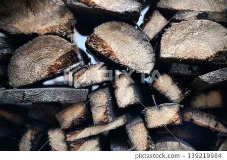 Stacks of firewood arranged in orderly rows at a logging yard, suitable for sale and industrial Stacks of firewood arranged in orderly rows at a logging yard, suitable for sale and industrial 139219984