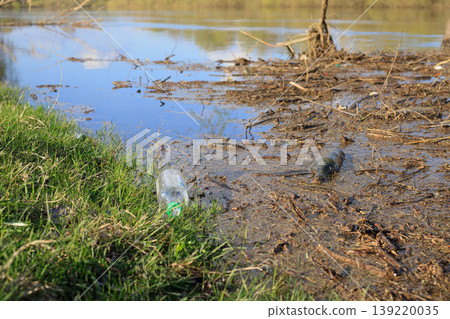Plastic and glass bottles in shallow water. Concept of human pollution of rivers and lakes. Litter impacting nature, aquatic ecosystems 139220035