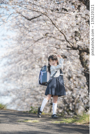 春天,一位小學生在櫻花樹的襯托下擺出歡快的姿勢。 春天,一位小學生在櫻花樹的襯托下擺出歡快的姿勢。 139220121