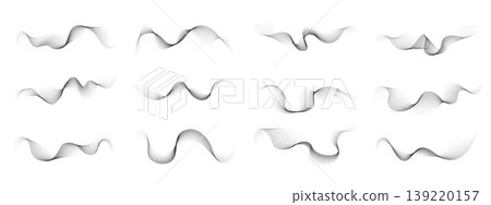 Abstract wave pattern set with flowing curves and dotted elements forming dynamic monochrome compositions. Collection of modern geometric backgrounds for digital design, technology themes, and clean Abstract wave pattern set with flowing curves and dotted elements forming dynamic monochrome compositions. Collection of modern geometric backgrounds for digital design, technology themes, and clean 139220157