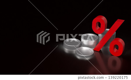 Interest Rate Financial Concept With Red Percent Symbol And Stacked Coins On Dark Background 3d render. Interest Rate Financial Concept With Red Percent Symbol And Stacked Coins On Dark Background 3d render. 139220175