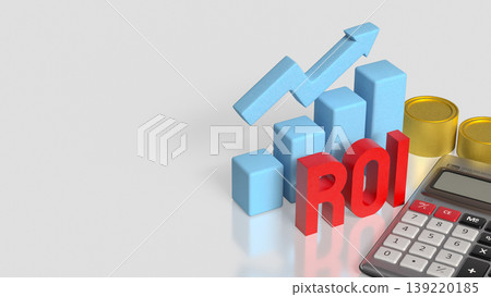 Return on Investment ROI Analysis with Calculator Coins and Growth Chart 3d render. 139220185