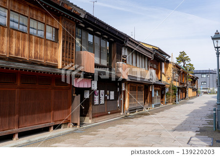 The cobblestone streets lined with traditional townhouses in Kanazawa's Nishi Chaya District. The cobblestone streets lined with traditional townhouses in Kanazawa's Nishi Chaya District. 139220203