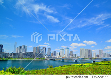 從豐洲市場屋頂綠地眺望春海的城市景觀。 從豐洲市場屋頂綠地眺望春海的城市景觀。 139220336