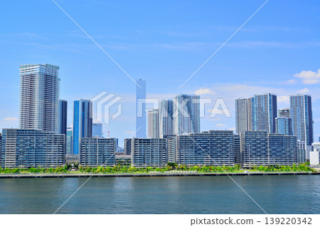 從豐洲市場屋頂綠地眺望春海的城市景觀。 從豐洲市場屋頂綠地眺望春海的城市景觀。 139220342