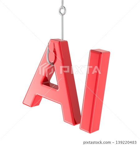 AI on the fishing hook, artificial intelligence bait and technology trap. 3d rendering AI on the fishing hook, artificial intelligence bait and technology trap. 3d rendering 139220483