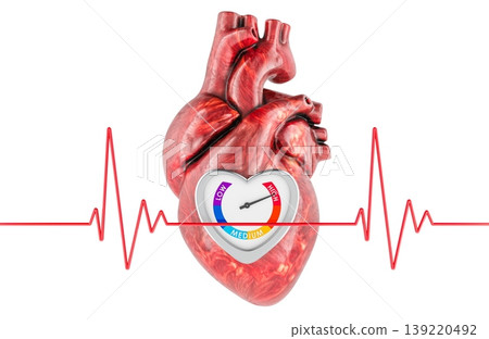 Heart health indicator, pulse and cardiac risk monitor. 3d rendering Heart health indicator, pulse and cardiac risk monitor. 3d rendering 139220492