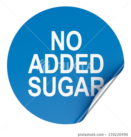 No added sugar, blue sticker label with curled corner. 3D rendering No added sugar, blue sticker label with curled corner. 3D rendering 139220498
