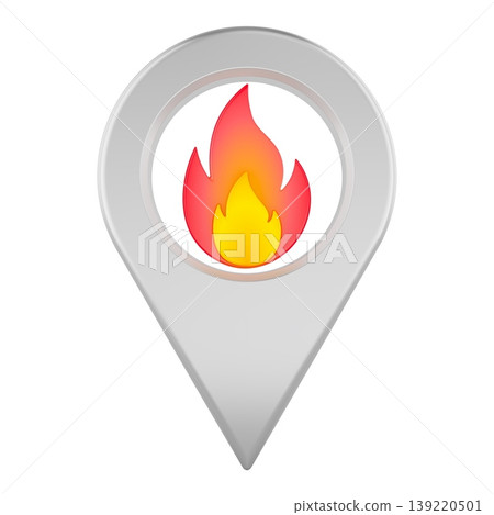 Silver location pin with bright flame icon, fire alert and danger zone concept. 3d rendering Silver location pin with bright flame icon, fire alert and danger zone concept. 3d rendering 139220501