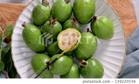 Fresh Feijoa Fruit on a Plate, Close-up View 139220536