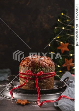 Panettone on Rustic Tray with Decorated Christmas Tree Panettone on Rustic Tray with Decorated Christmas Tree 139220682