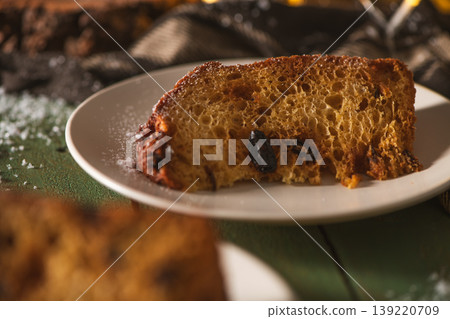 Close-up of a Single Slice of Panettone on a White Plate Close-up of a Single Slice of Panettone on a White Plate 139220709