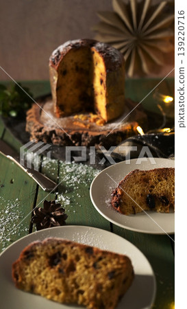 Italian Panettone Loaf with Slices and Powdered Sugar 139220716