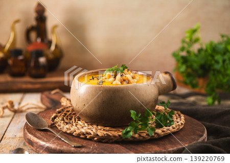 Creamy Chickpea and Pumpkin Soup in a Rustic Ceramic Bowl Creamy Chickpea and Pumpkin Soup in a Rustic Ceramic Bowl 139220769