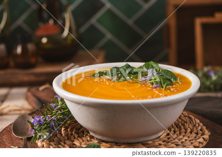 Creamy Pumpkin Soup Garnished with Fresh Spinach and Rosemary in a Speckled White Bowl Creamy Pumpkin Soup Garnished with Fresh Spinach and Rosemary in a Speckled White Bowl 139220835