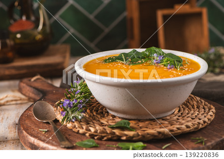 Creamy Pumpkin Soup with Fresh Herbs and Edible Flowers in a Rustic Kitchen Setting Creamy Pumpkin Soup with Fresh Herbs and Edible Flowers in a Rustic Kitchen Setting 139220836
