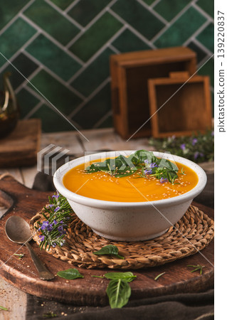 Creamy Butternut Squash Soup Topped with Fresh Herbs and Sesame Seeds in a Rustic Kitchen Setting 139220837