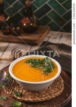 Creamy Pumpkin Soup with Spinach and Sesame Seeds 139220839