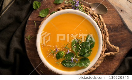 Creamy Pumpkin Soup with Spinach and Sesame Seeds Creamy Pumpkin Soup with Spinach and Sesame Seeds 139220845