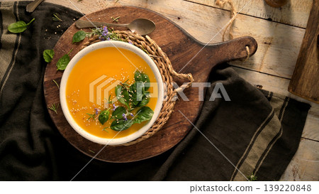 Healthy Pumpkin or Sweet Potato Puree Soup with Spinach and Sesame 139220848