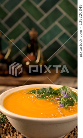 Creamy Butternut Squash Soup with Fresh Herbs and Seeds in a Speckled Ceramic Bowl 139220849