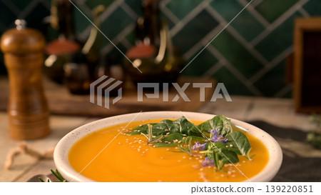 Creamy Butternut Squash Soup Topped with Fresh Spinach and Rosemary in a Rustic Kitchen Setting 139220851