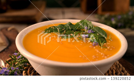 Creamy Pumpkin Soup Garnished with Fresh Spinach Herbs and Sesame Seeds 139220852