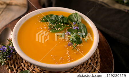 Creamy Butternut Squash Soup Topped with Fresh Spinach and Sesame Seeds 139220859