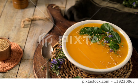 Creamy Butternut Squash Soup Topped with Fresh Spinach and Sesame Seeds 139220863