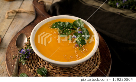 Creamy Butternut Squash Soup Topped with Fresh Spinach and Sesame Seeds 139220864