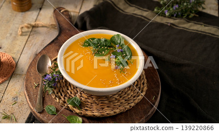 Creamy Butternut Squash Soup with Spinach Garnish on Rustic Wooden Table 139220866