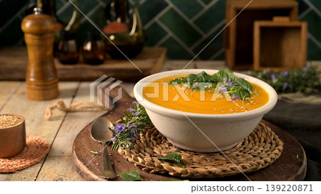 Creamy Butternut Squash Soup Topped with Fresh Herbs and Seeds in a Rustic Kitchen Setting Creamy Butternut Squash Soup Topped with Fresh Herbs and Seeds in a Rustic Kitchen Setting 139220871