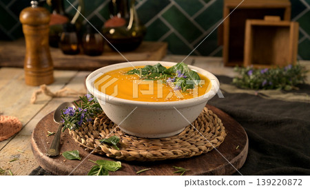 Creamy Butternut Squash Soup Topped with Fresh Herbs and Seeds in a Rustic Kitchen Setting Creamy Butternut Squash Soup Topped with Fresh Herbs and Seeds in a Rustic Kitchen Setting 139220872