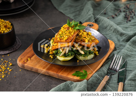 Pan-Seared Tofu with Herb Crust Served over Sauteed Spinach and Boiled Potatoes Pan-Seared Tofu with Herb Crust Served over Sauteed Spinach and Boiled Potatoes 139220876