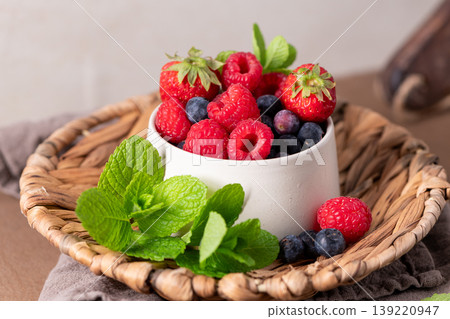Fresh Mixed Berries with Mint Leaves in a Ceramic Bowl Fresh Mixed Berries with Mint Leaves in a Ceramic Bowl 139220947