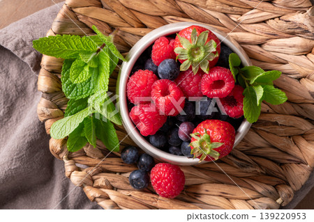 Fresh Summer Berries and Mint in a Woven Basket 139220953
