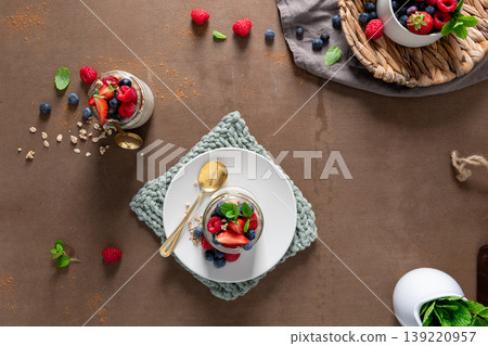 Overhead View of Healthy Yogurt Parfait with Fresh Berries and Mint Overhead View of Healthy Yogurt Parfait with Fresh Berries and Mint 139220957