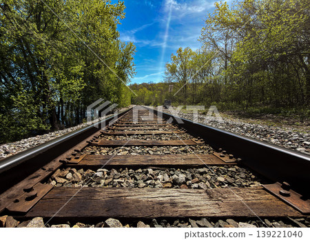 Railroad Tracks Perspective Through Forest Landscape with Blue Sky Scenic Railway Line Travel Transportation Nature Background Photography Railroad Tracks Perspective Through Forest Landscape with Blue Sky Scenic Railway Line Travel Transportation Nature Background Photography 139221040