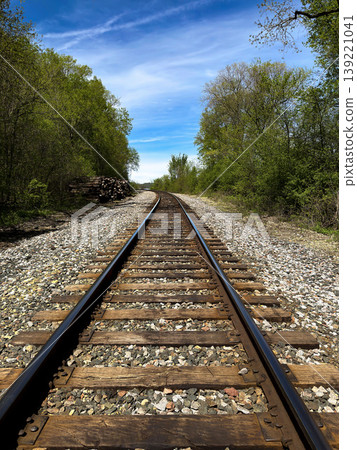 Railroad Tracks Perspective Through Forest Landscape with Blue Sky Scenic Railway Line Travel Transportation Nature Background Photography Railroad Tracks Perspective Through Forest Landscape with Blue Sky Scenic Railway Line Travel Transportation Nature Background Photography 139221041