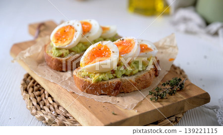 Avocado Toast with Soft Boiled Jammy Eggs and Herbs on a Wooden Board Avocado Toast with Soft Boiled Jammy Eggs and Herbs on a Wooden Board 139221115