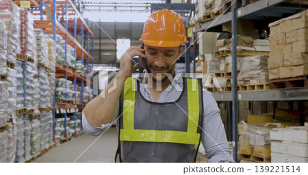 Hispanic men hands using phone call meeting talking projects. Warehouse management logistics counting checking products on inventory shelf. Engineer Man use smartphone stock control in storage Hispanic men hands using phone call meeting talking projects. Warehouse management logistics counting checking products on inventory shelf. Engineer Man use smartphone stock control in storage 139221514