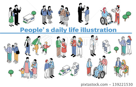 A set of isometric illustrations depicting people's daily lives. 139221530