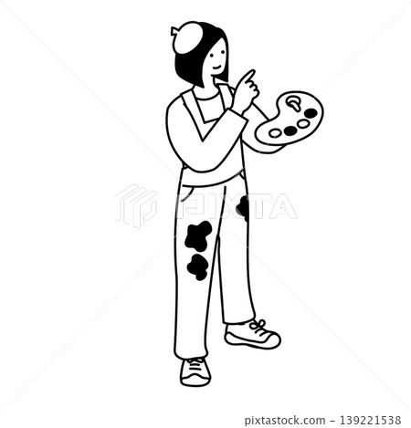 一幅描繪女性用調色板享受藝術的插圖。 一幅描繪女性用調色板享受藝術的插圖。 139221538