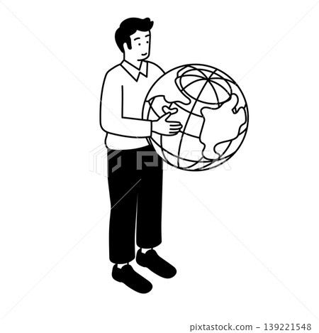 一幅簡單的插圖,描繪了一個男人沉思地球的場景。 一幅簡單的插圖,描繪了一個男人沉思地球的場景。 139221548
