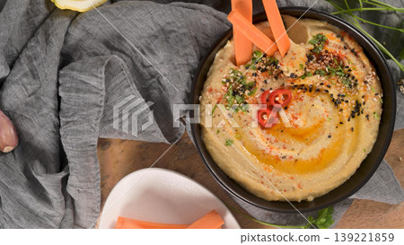 Delicious hummus in ceramic bowl Delicious hummus in ceramic bowl 139221859