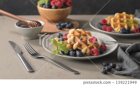 Sweet Homemade Berry Belgian Waffle 139221949